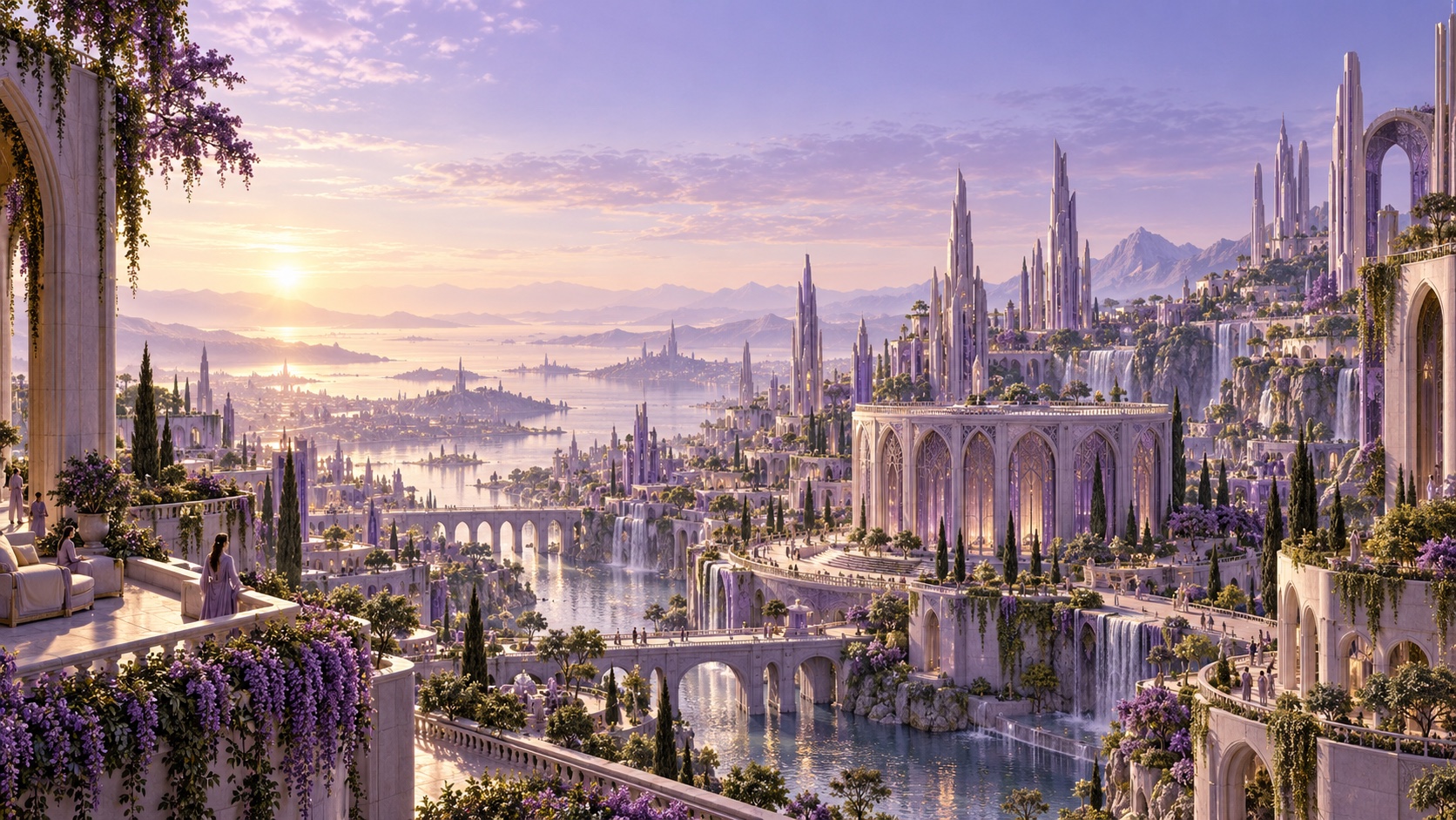 An imagined future Purpillion: a peaceful purple city of sculptural towers, gardens and reflective waterways.